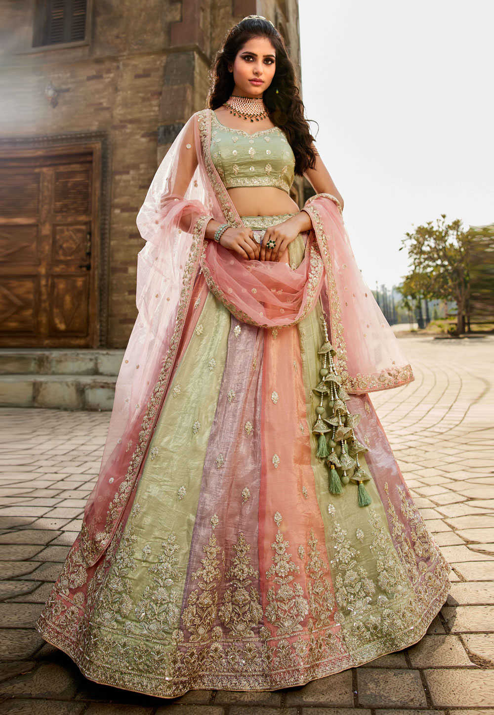 Multicolor Tissue Circular Lehenga Choli 306899