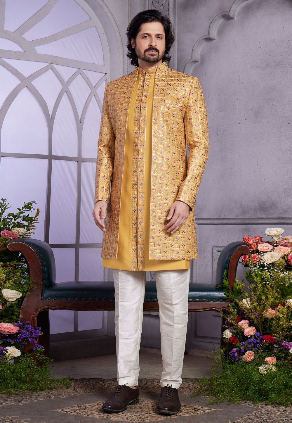 Mustard Art Silk Jacket Style Sherwani 308591