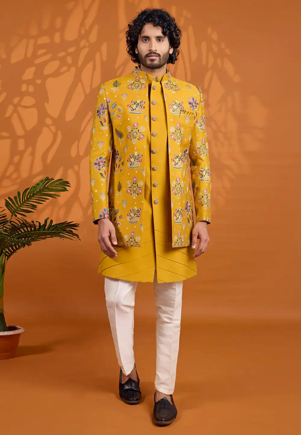Mustard Art Silk Jacket Style Sherwani 330243
