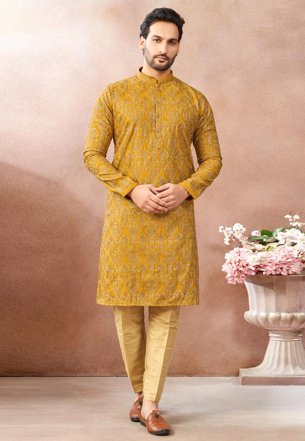 Mustard Art Silk Kurta Pajama 322469