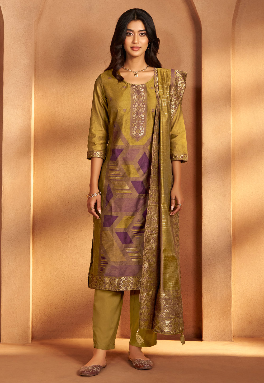 Mustard Art Silk Readymade Pakistani Suit 321858