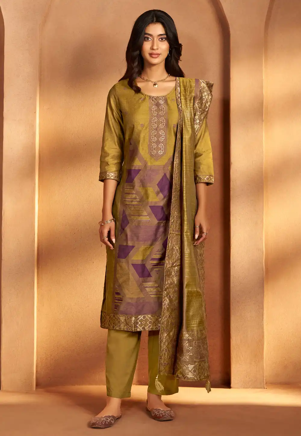 Mustard Art Silk Readymade Pakistani Suit 321858