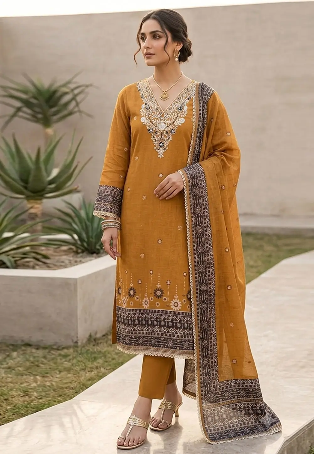 Mustard Banarasi Cotton Pant Style Suit 335366