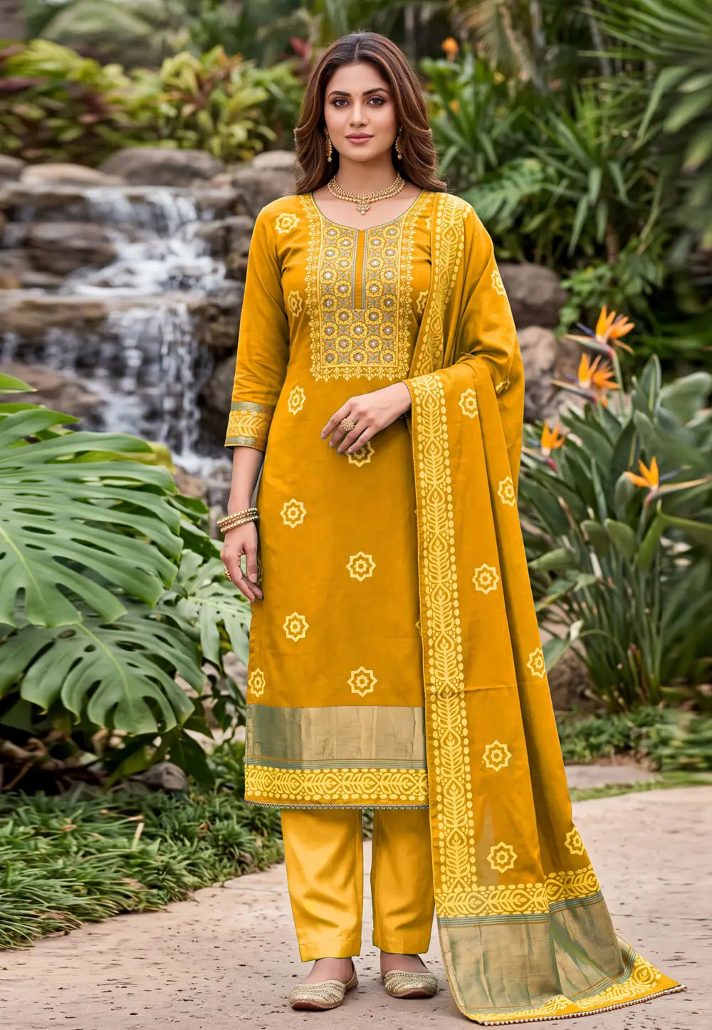 Mustard Banarasi Cotton Pant Style Suit 335536