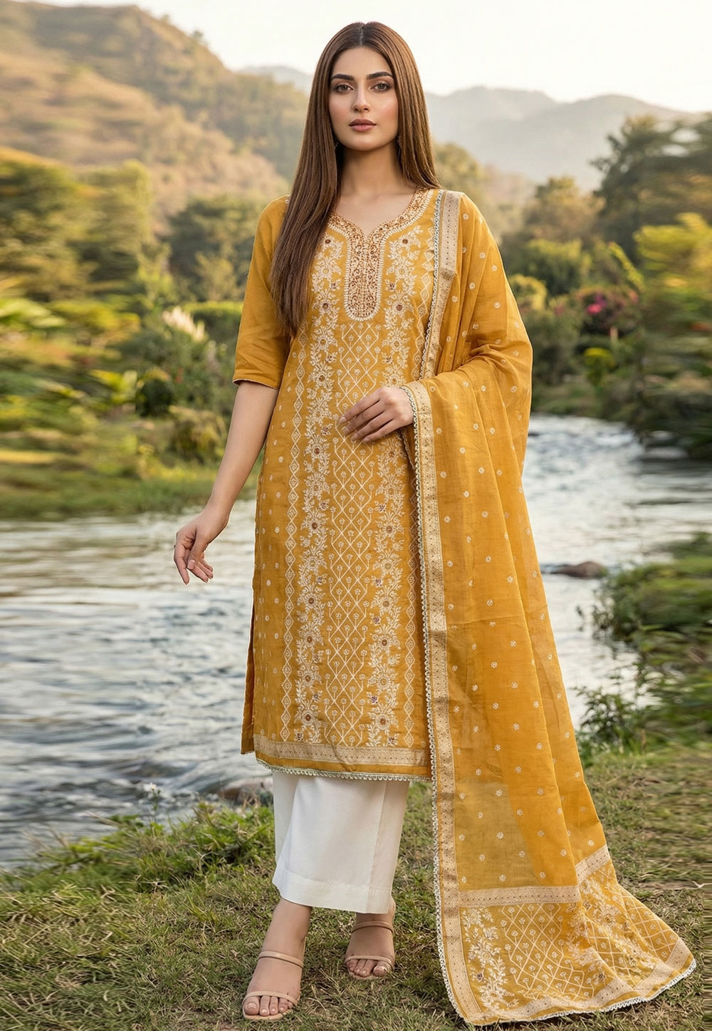 Mustard Banarasi Palazzo Suit 326444