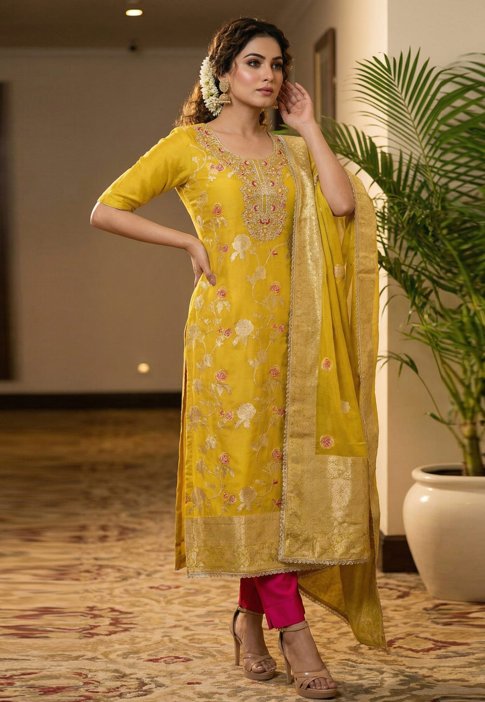 Mustard Banarasi Pant Style Suit 327440