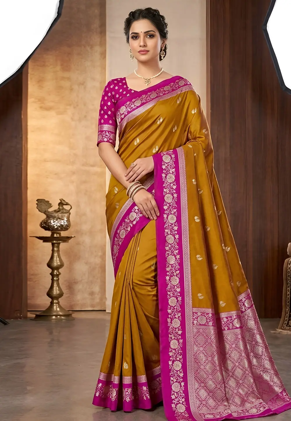Mustard Banarasi Silk Saree 333290