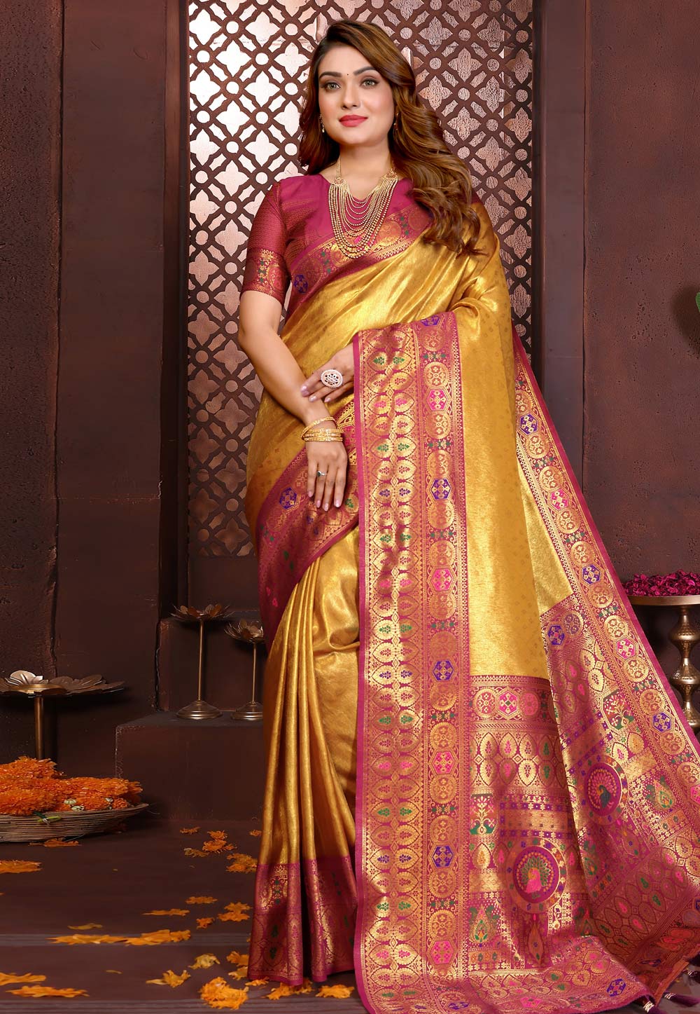 Mustard Banarasi Silk Saree With Blouse 320603