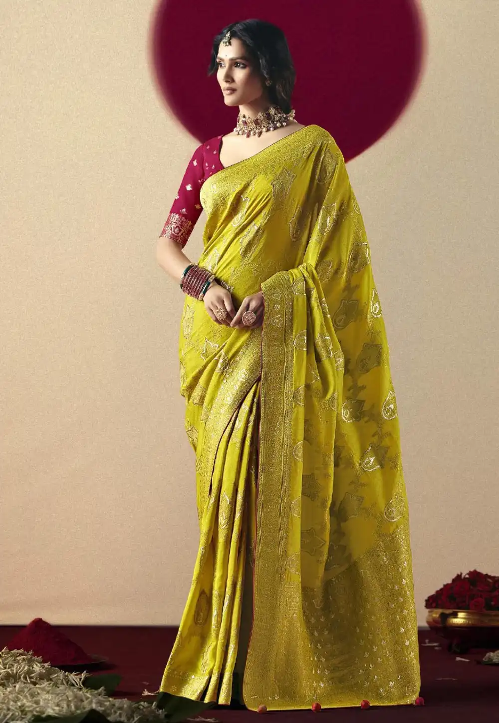 Mustard Bemberg Saree With Blouse 316592