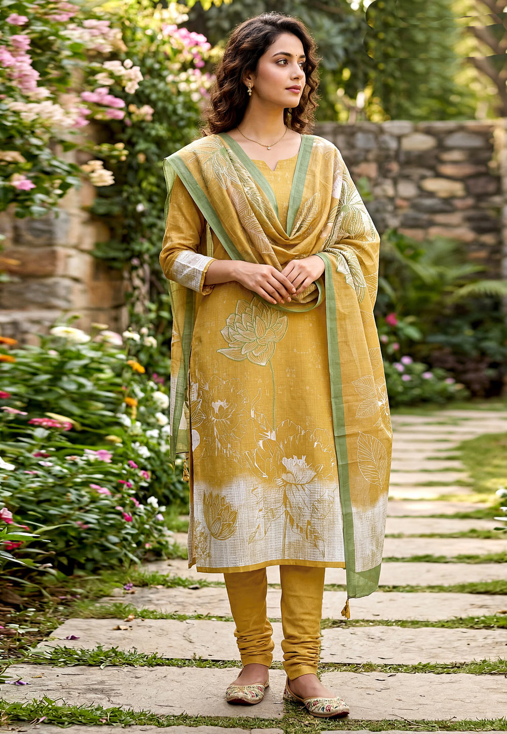 Mustard Cambric Cotton Churidar Suit 328328