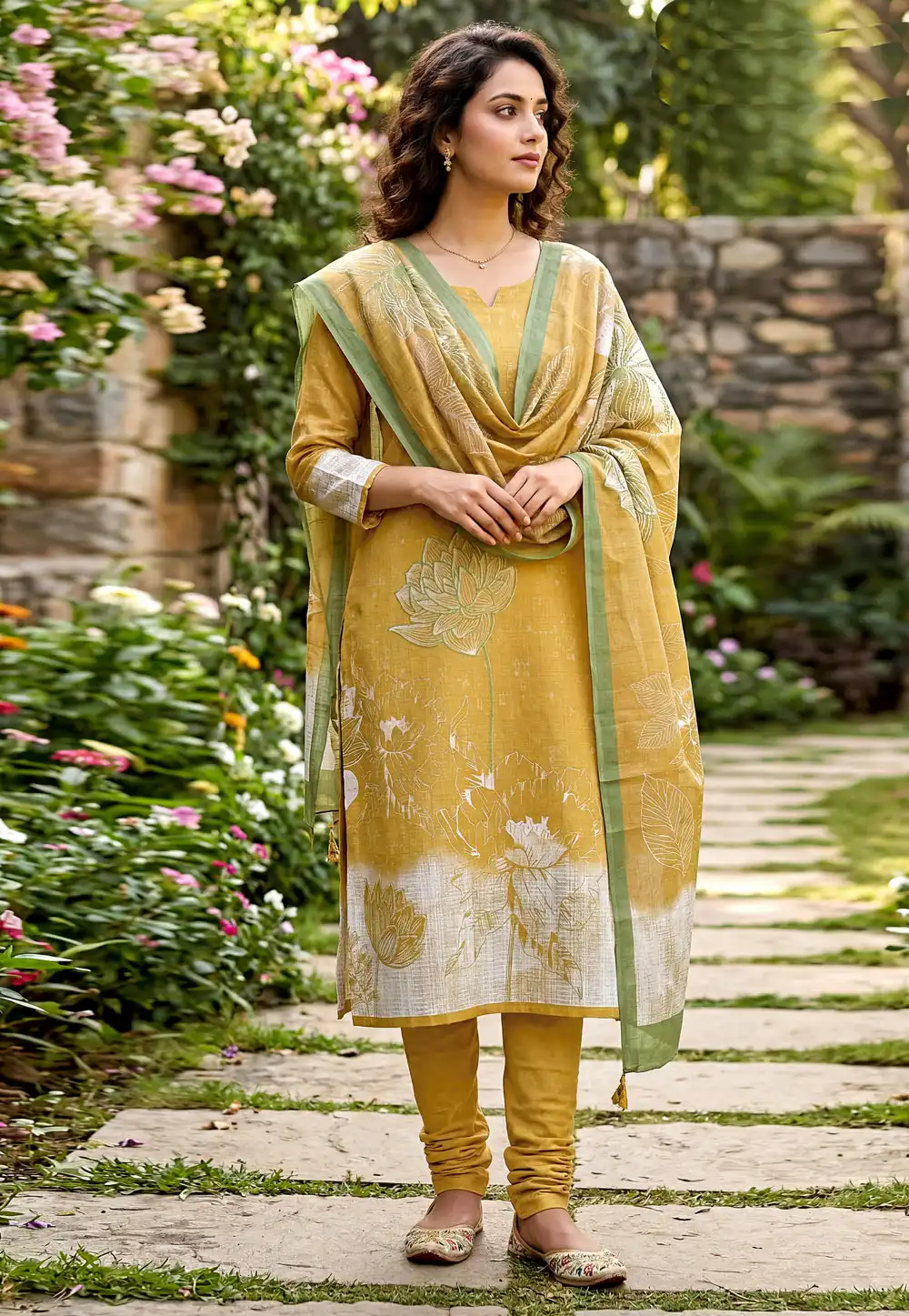 Mustard Cambric Cotton Churidar Suit 328328