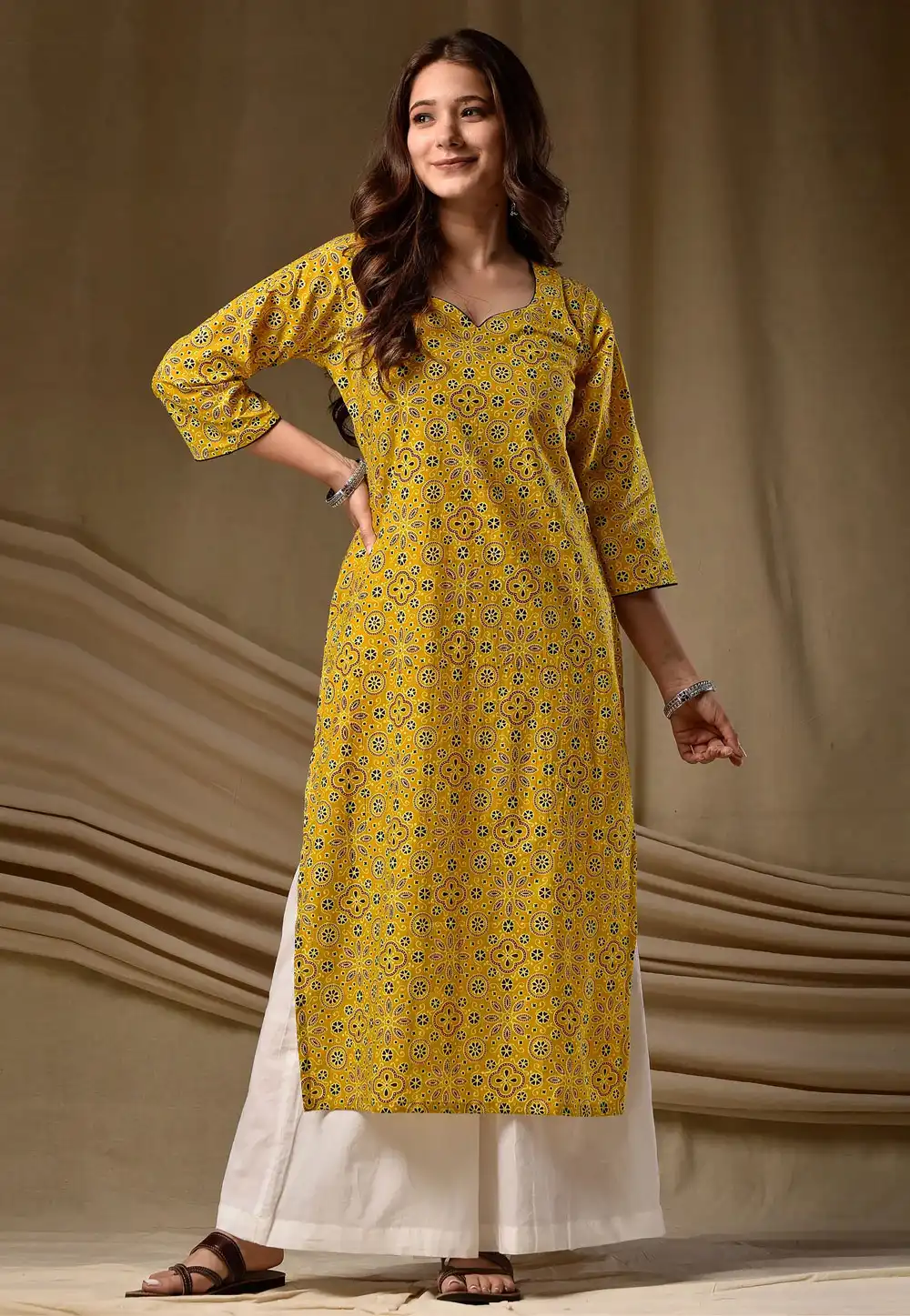 Mustard Cambric Cotton Printed Long Tunic 328098
