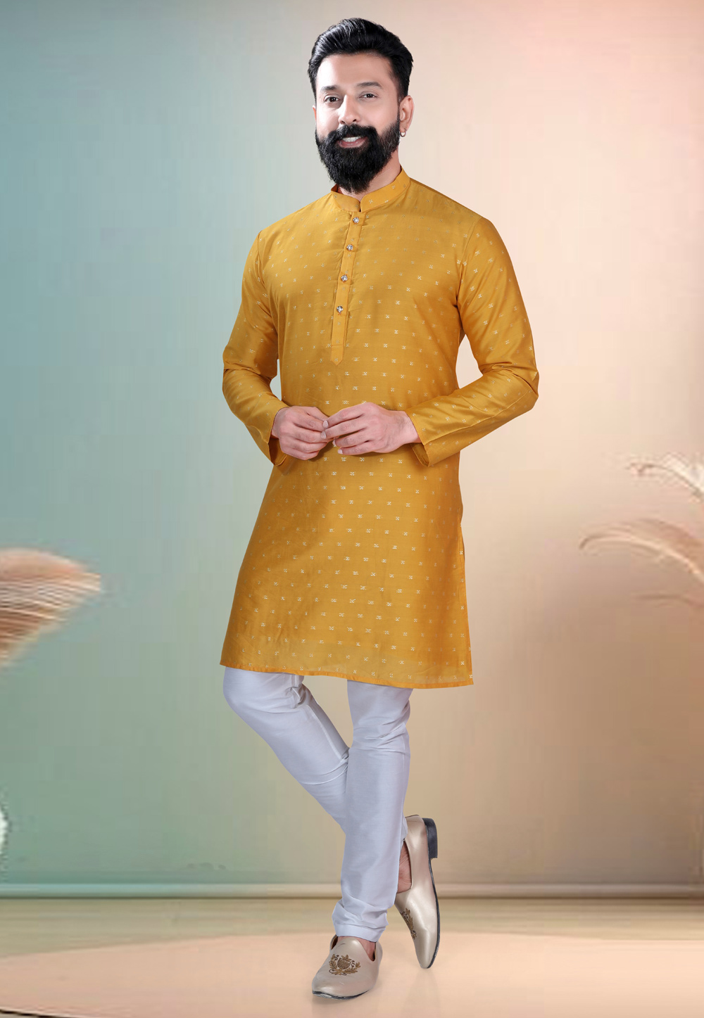 Mustard Chanderi Kurta Pajama 318617