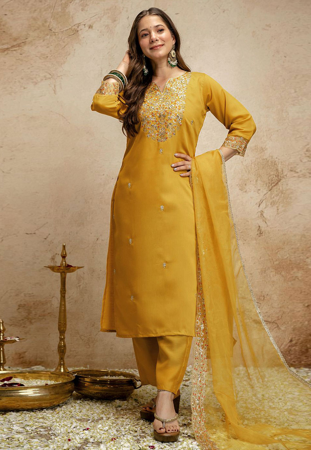 Mustard Chanderi Readymade Pakistani Suit 328804