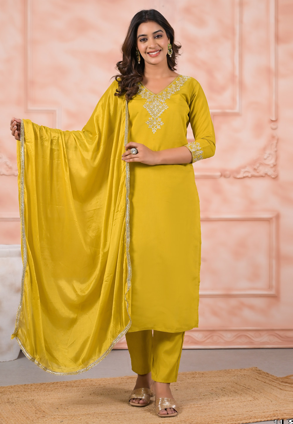 Mustard Chanderi Readymade Pakistani Suit 312345