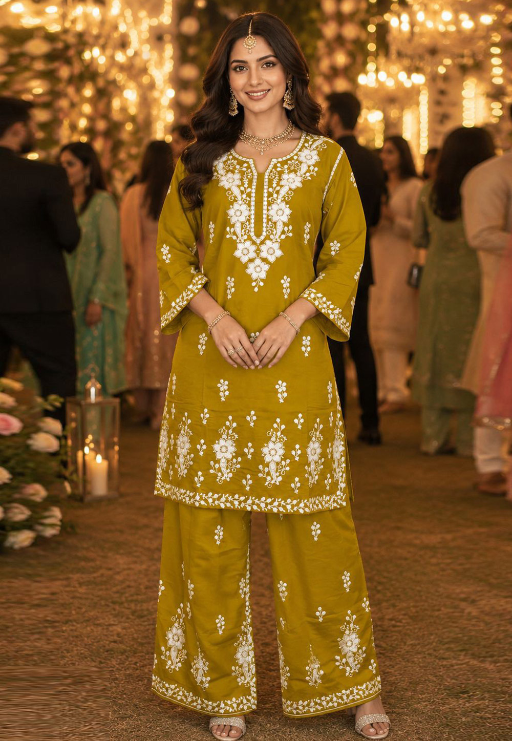 Mustard Chanderi Silk Kurta Set With Palazzo 329708