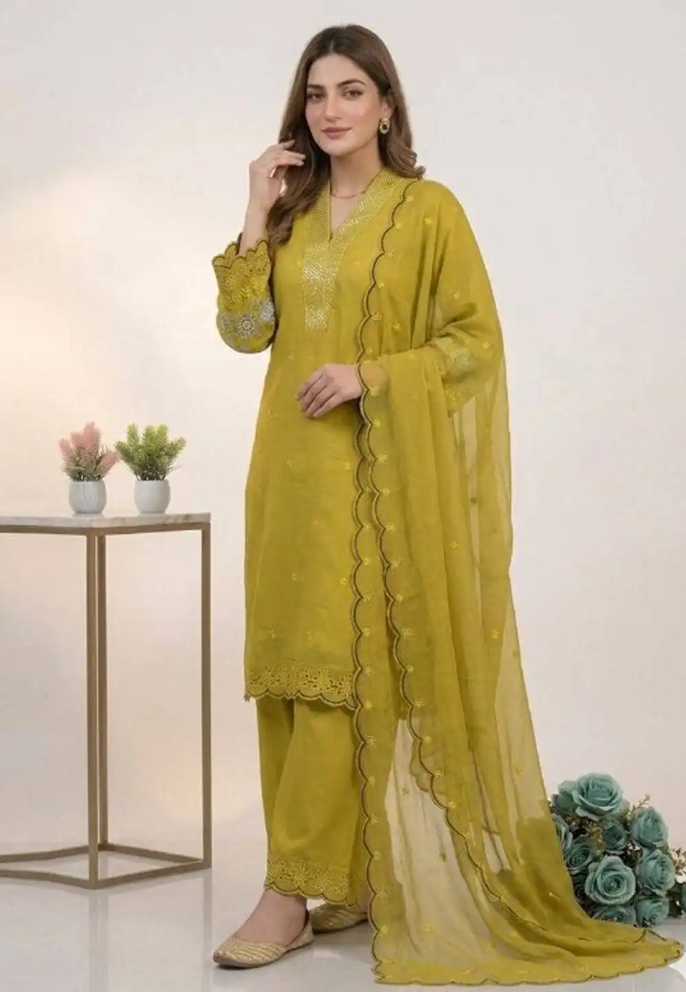 Mustard Chanderi Silk Readymade Palazzo Suit 329081