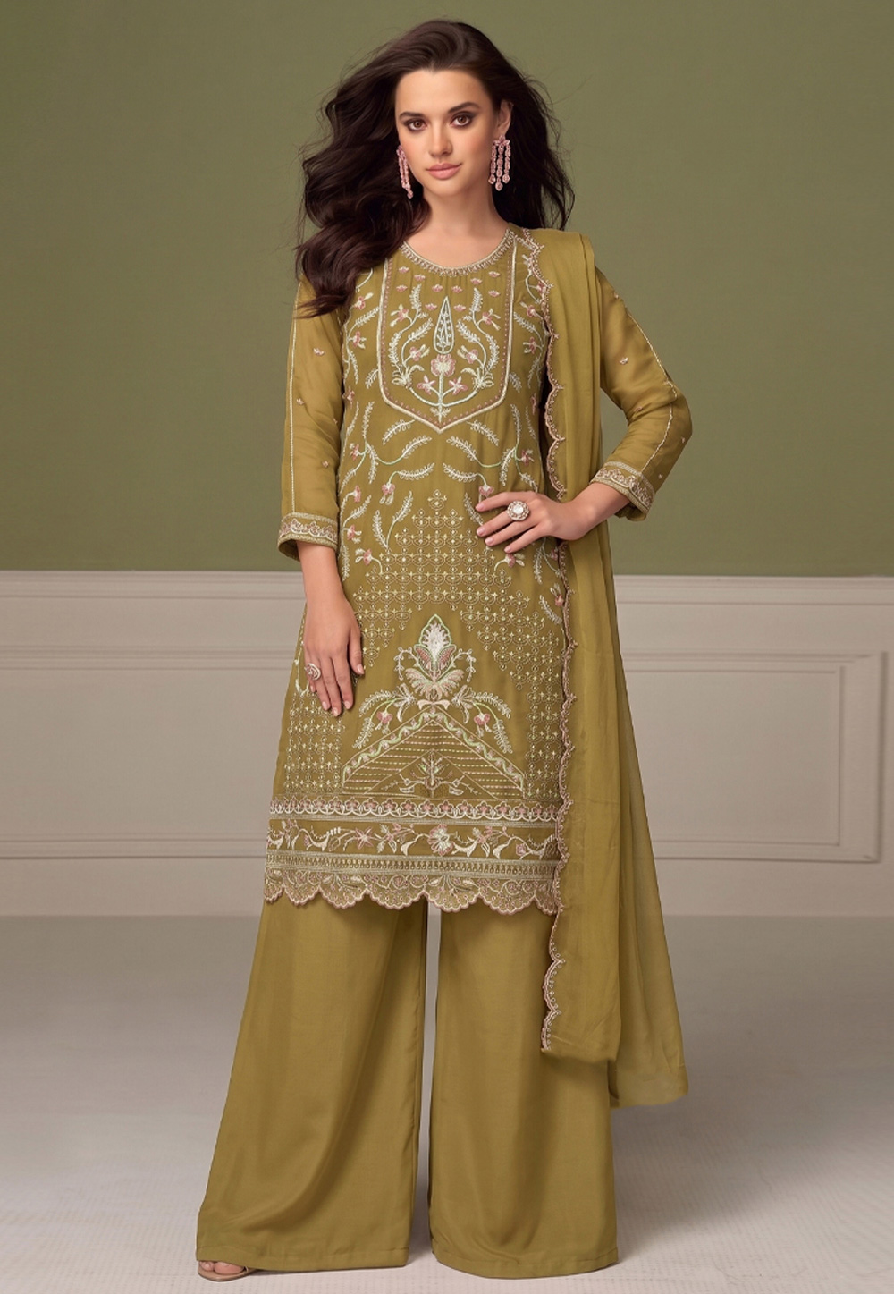 Mustard Chiffon Embroidered Pakistani Suit 329789