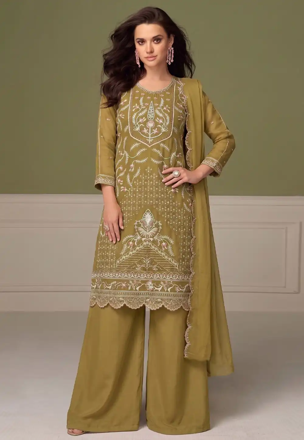 Mustard Chiffon Embroidered Pakistani Suit 329789