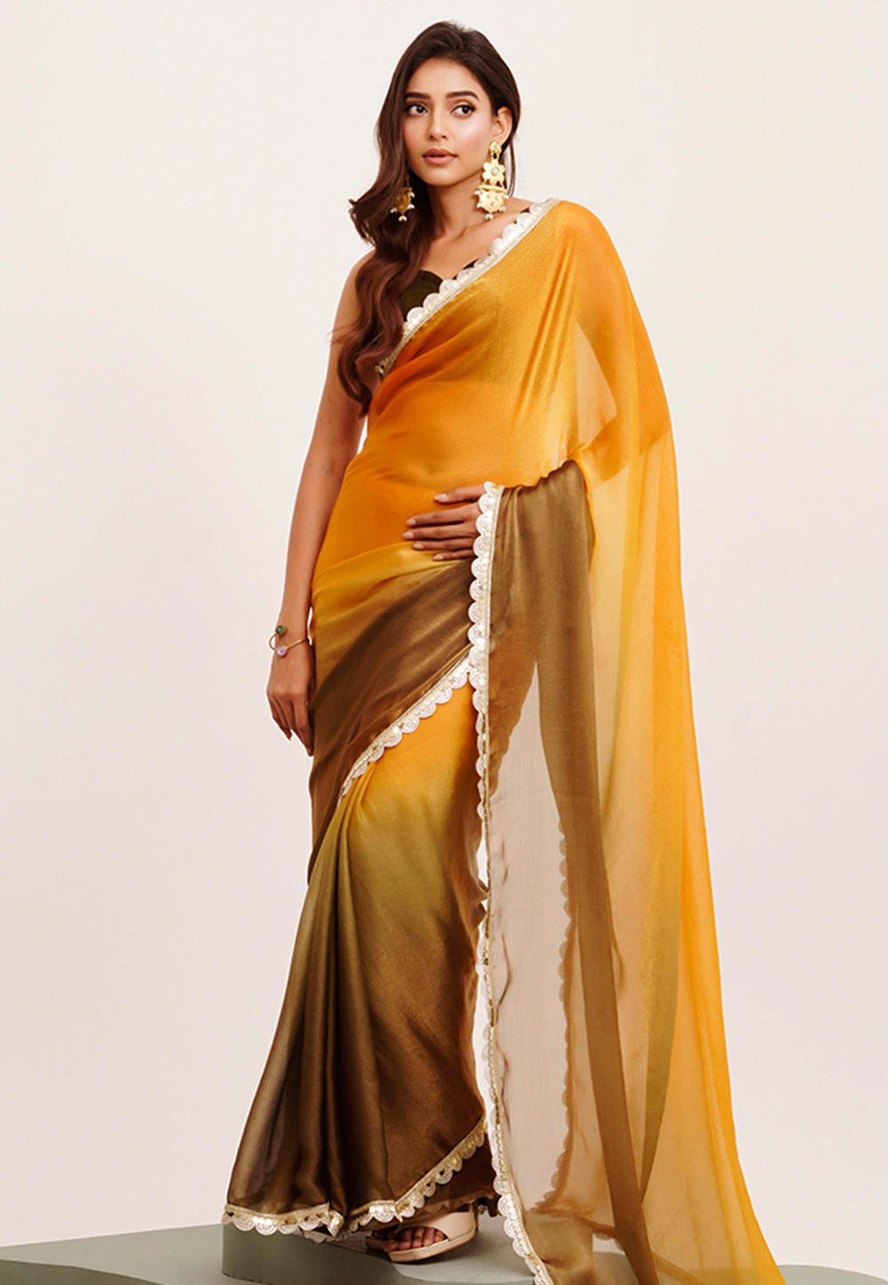 Mustard Chiffon Half N Half Saree 311918
