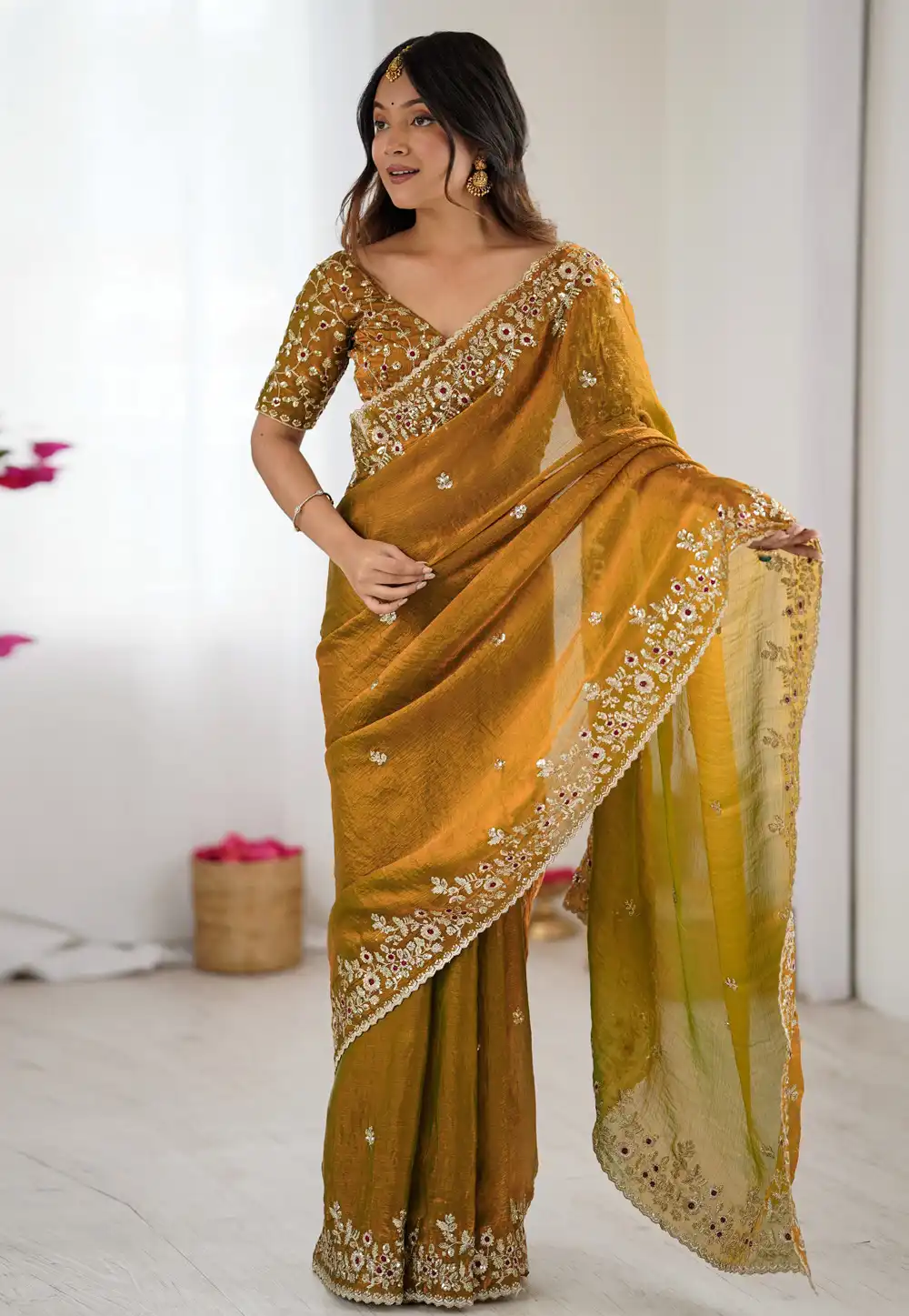 Mustard Chiffon Saree With Blouse 321509