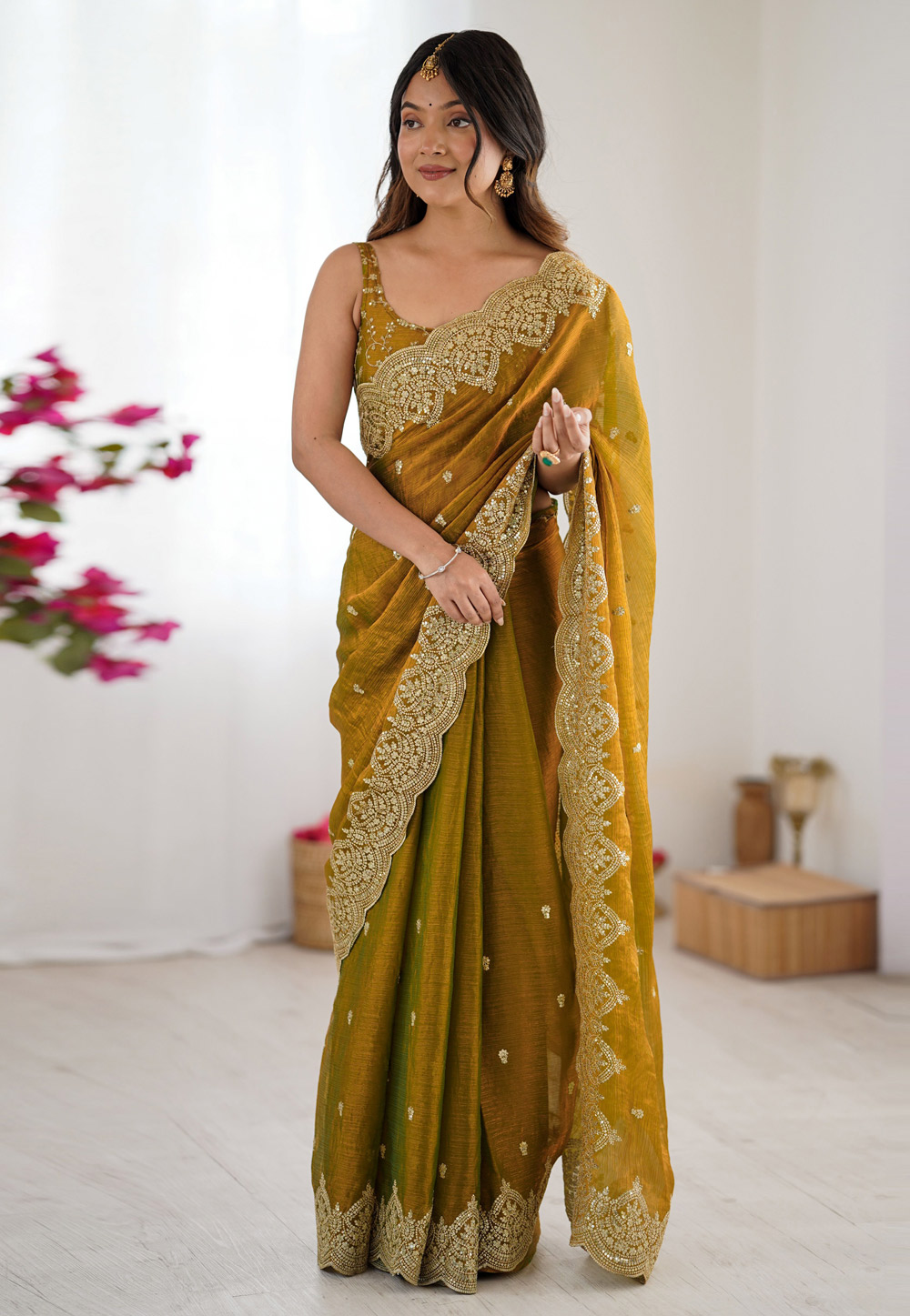 Mustard Chiffon Saree With Blouse 323193