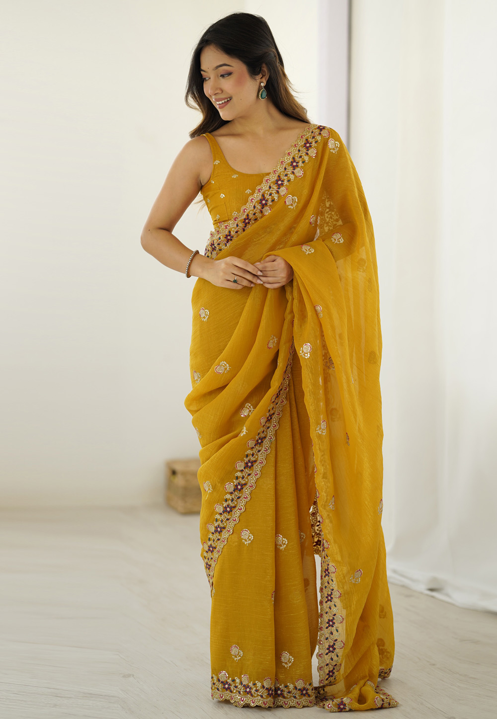 Mustard Chiffon Saree With Blouse 325659