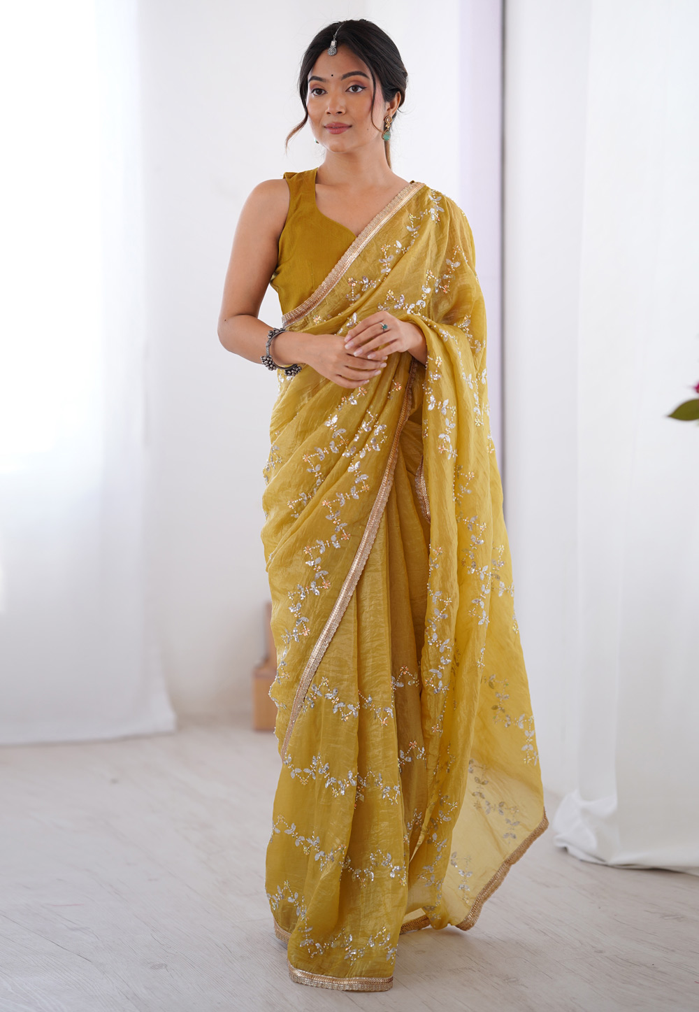 Mustard Chiffon Saree With Blouse 311196