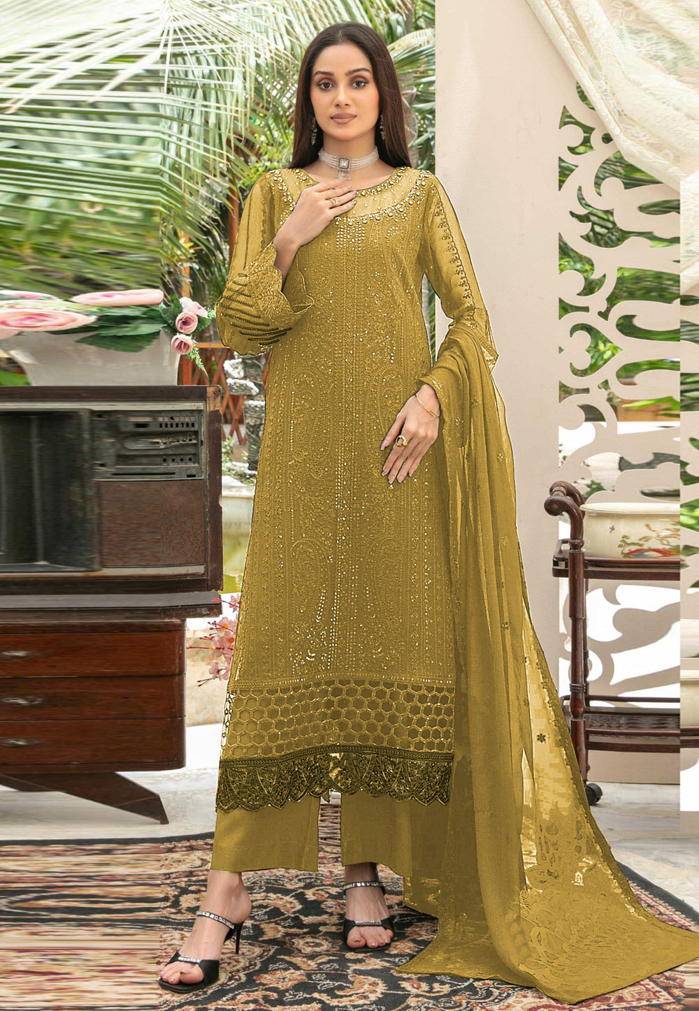 Mustard Chiffon Straight Suit 329700