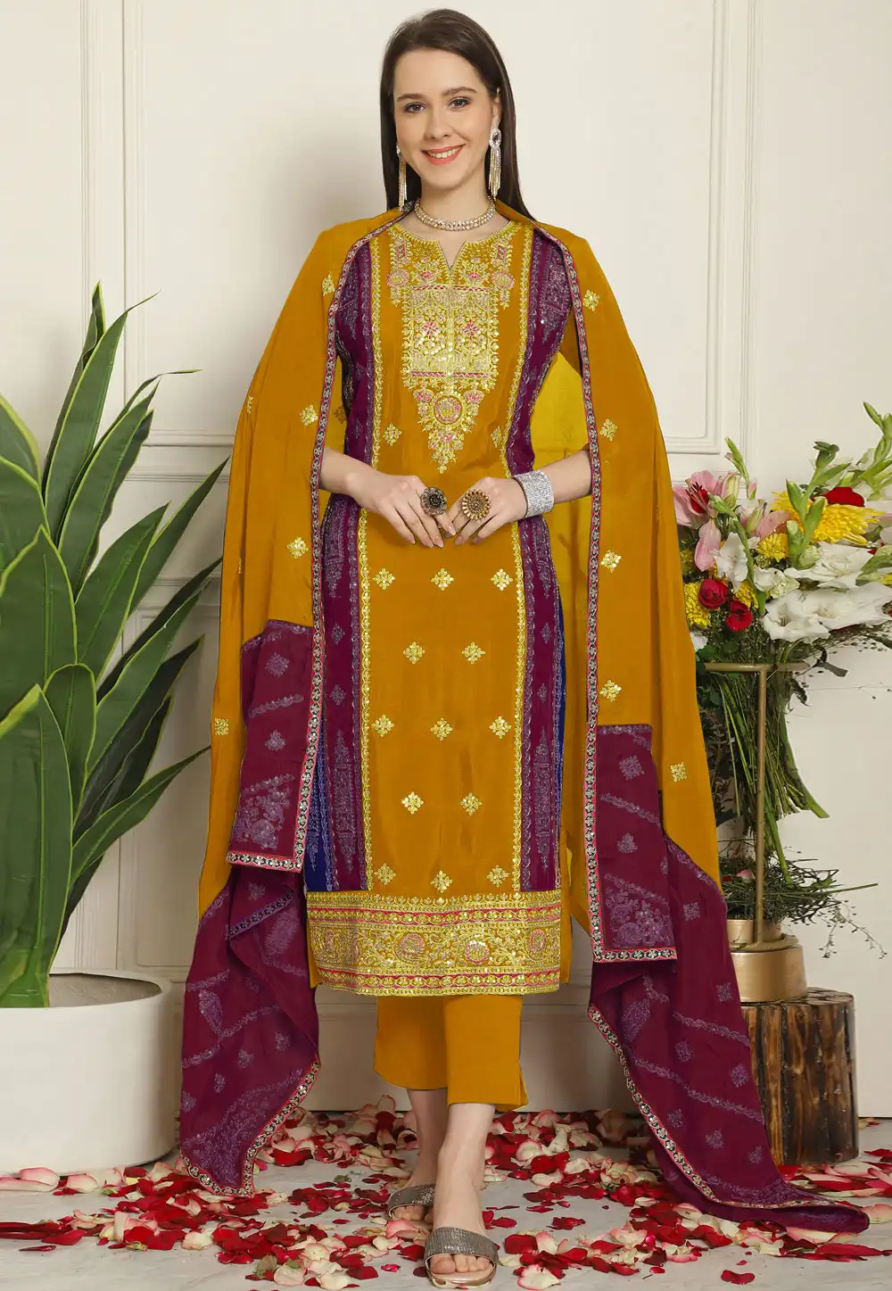 Mustard Chinon Chiffon Pant Style Suit 309741