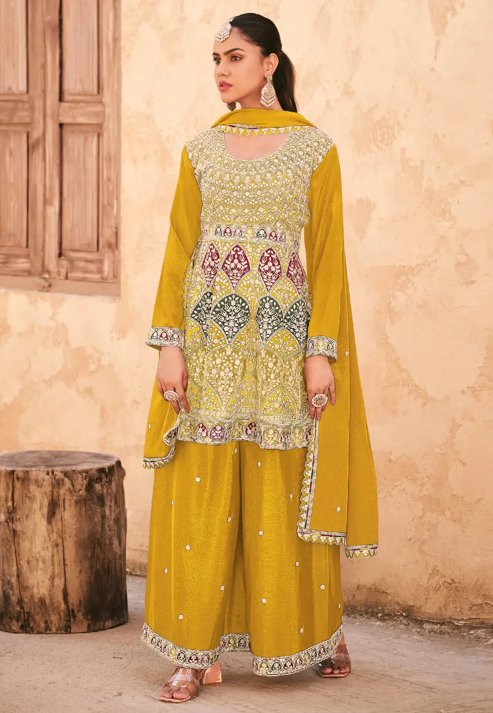 Mustard Chinon Embroidered Palazzo Suit 307130