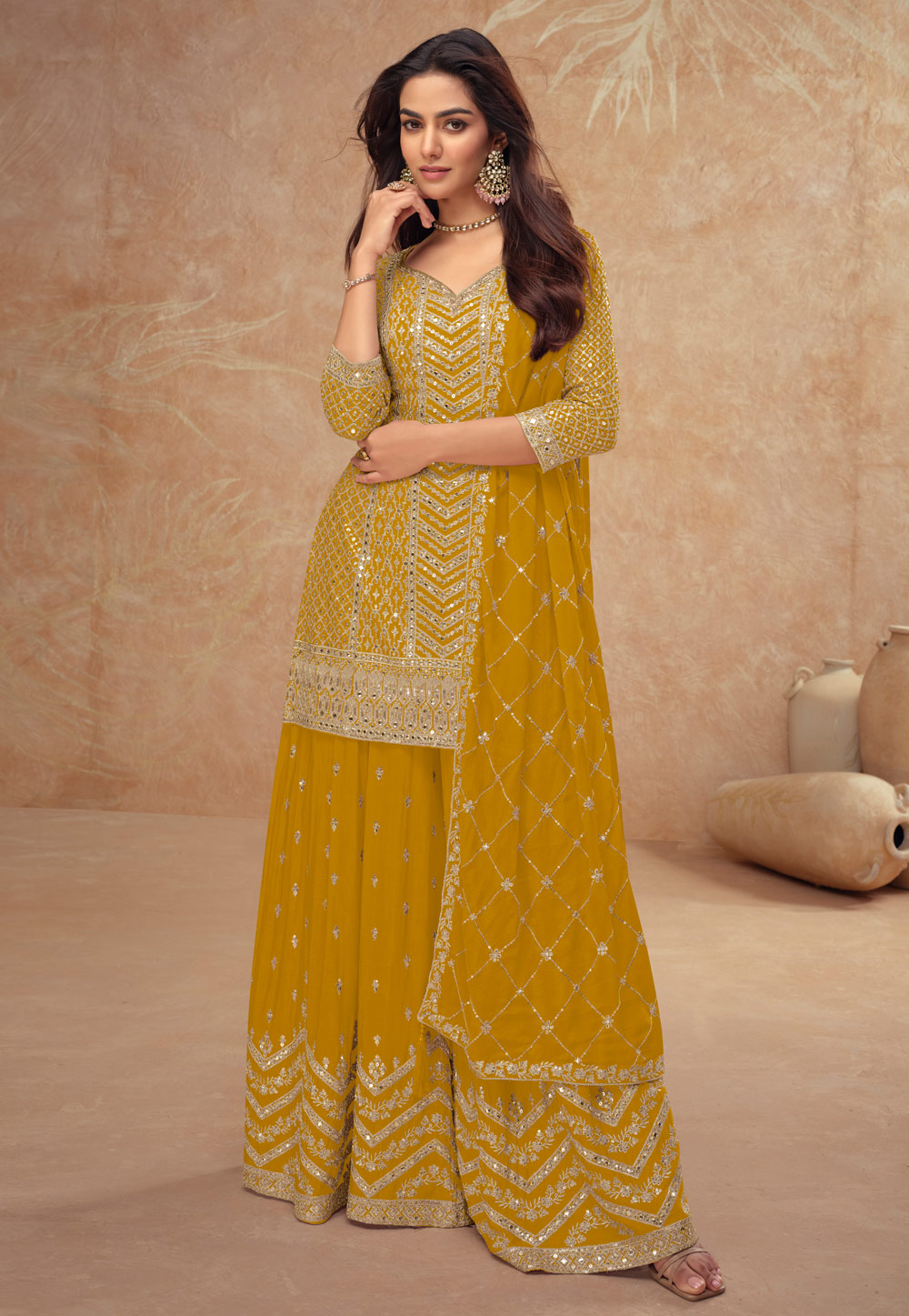Mustard Chinon Embroidered Palazzo Suit 318758
