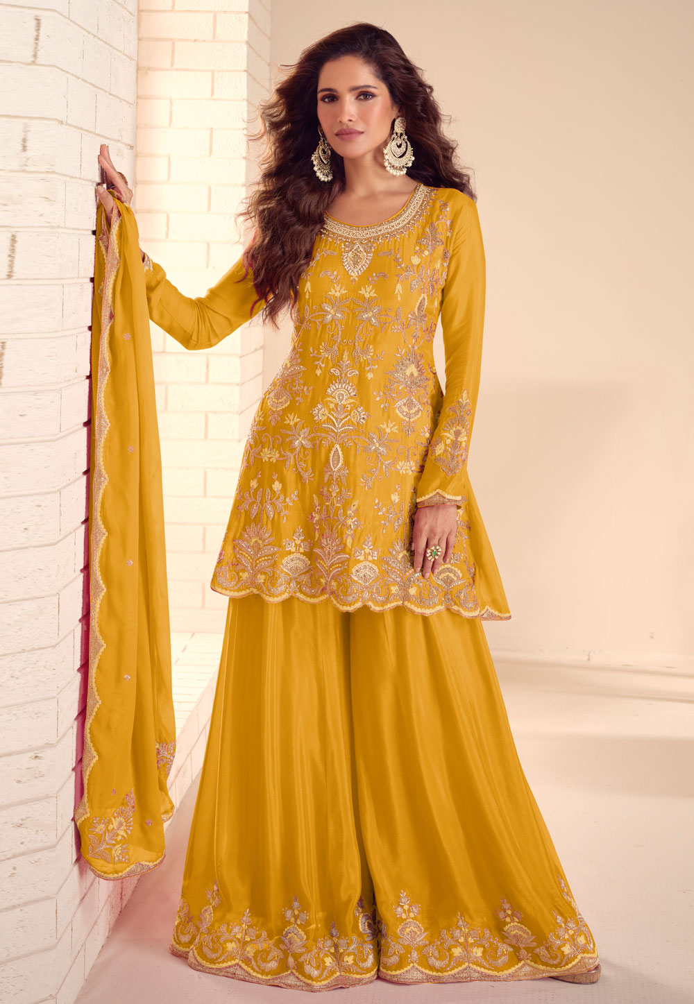 Mustard Chinon Embroidered Palazzo Suit 319458