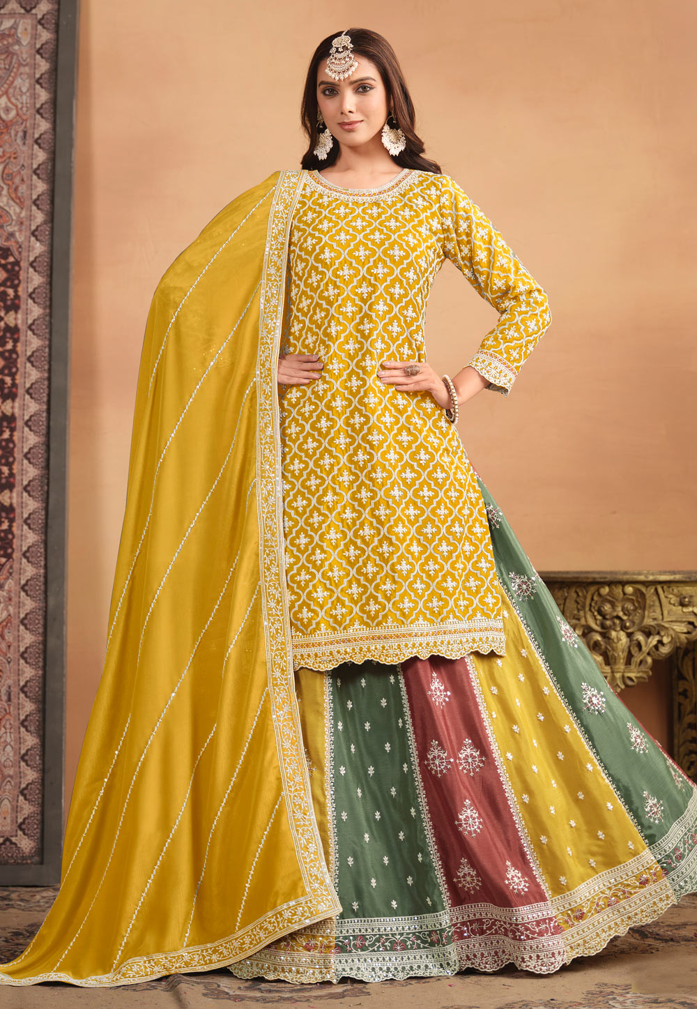 Mustard Chinon Indo Western Lehenga Choli 284307