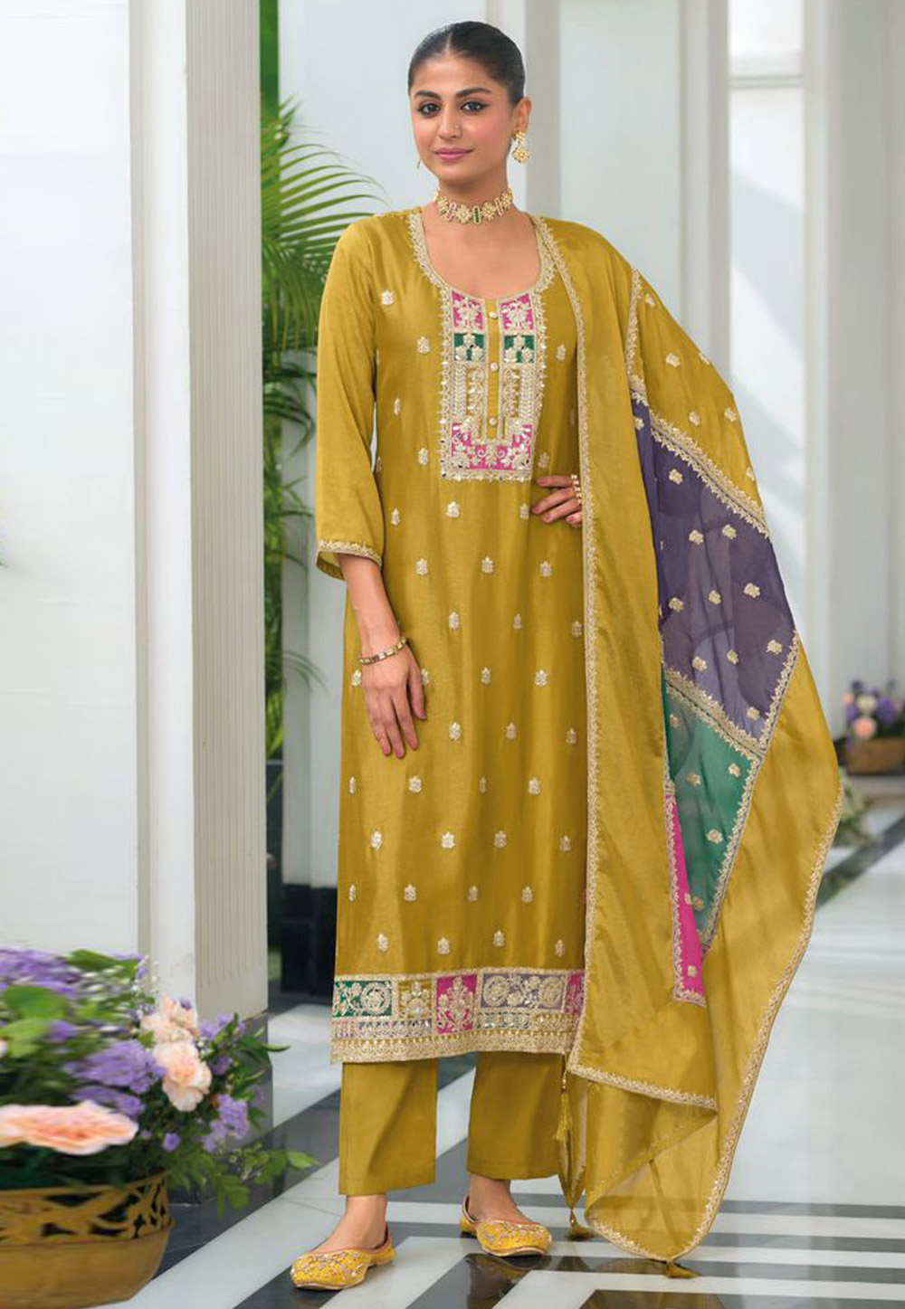 Mustard Chinon Readymade Pakistani Suit 318275