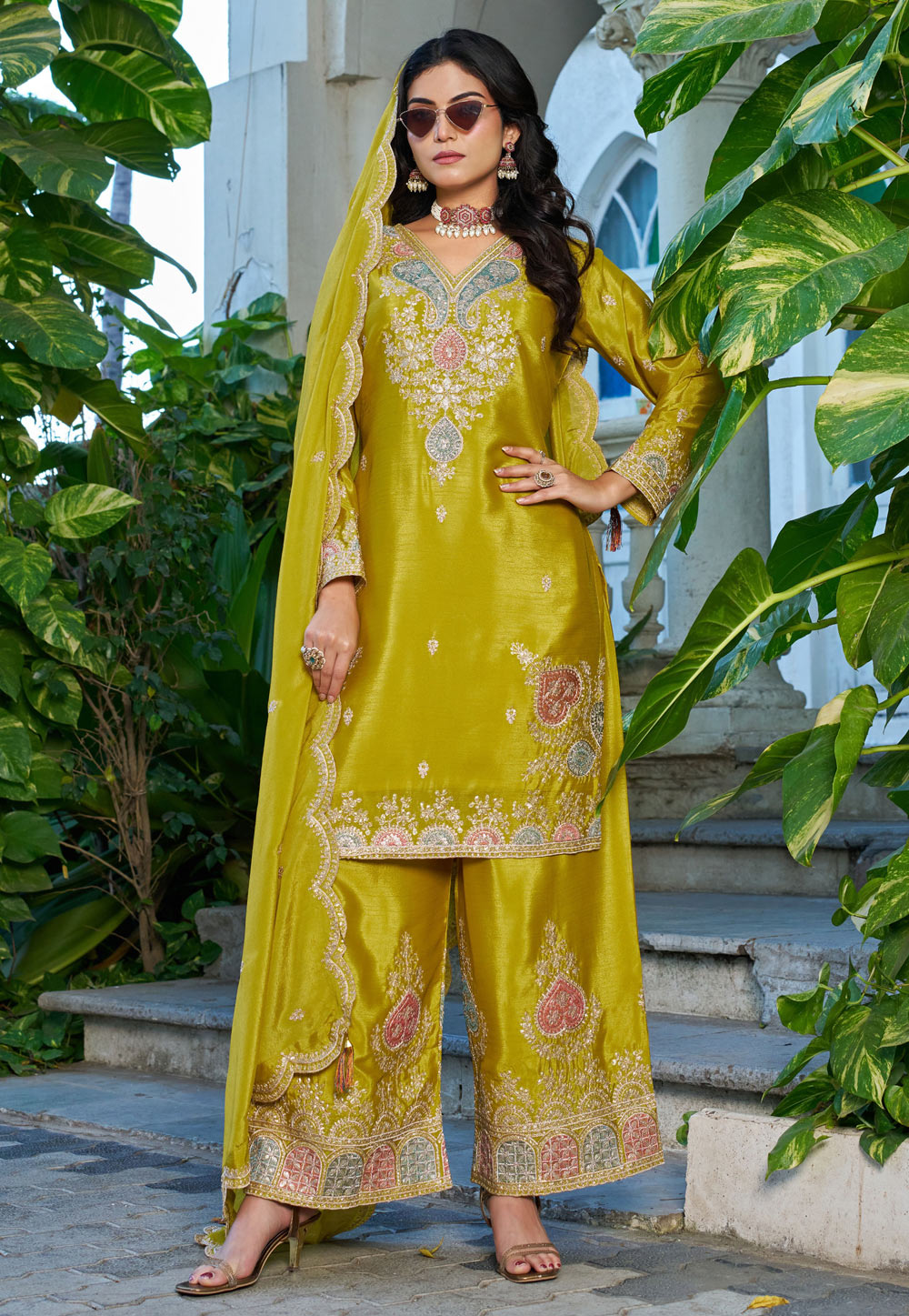 Mustard Chinon Readymade Palazzo Suit 327957