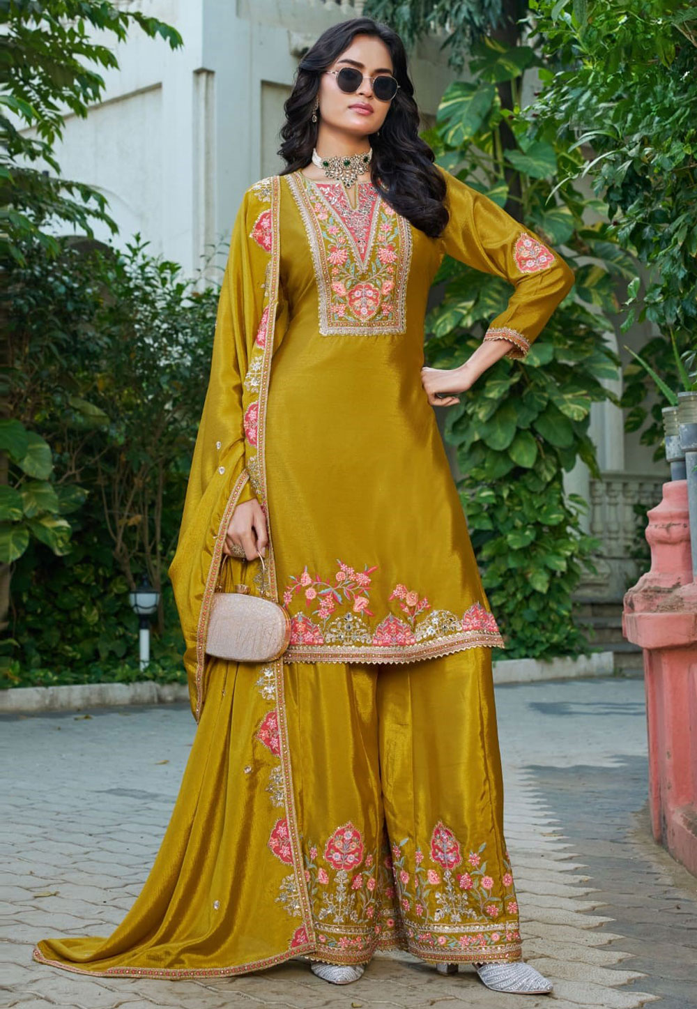 Mustard Chinon Readymade Palazzo Suit 328314