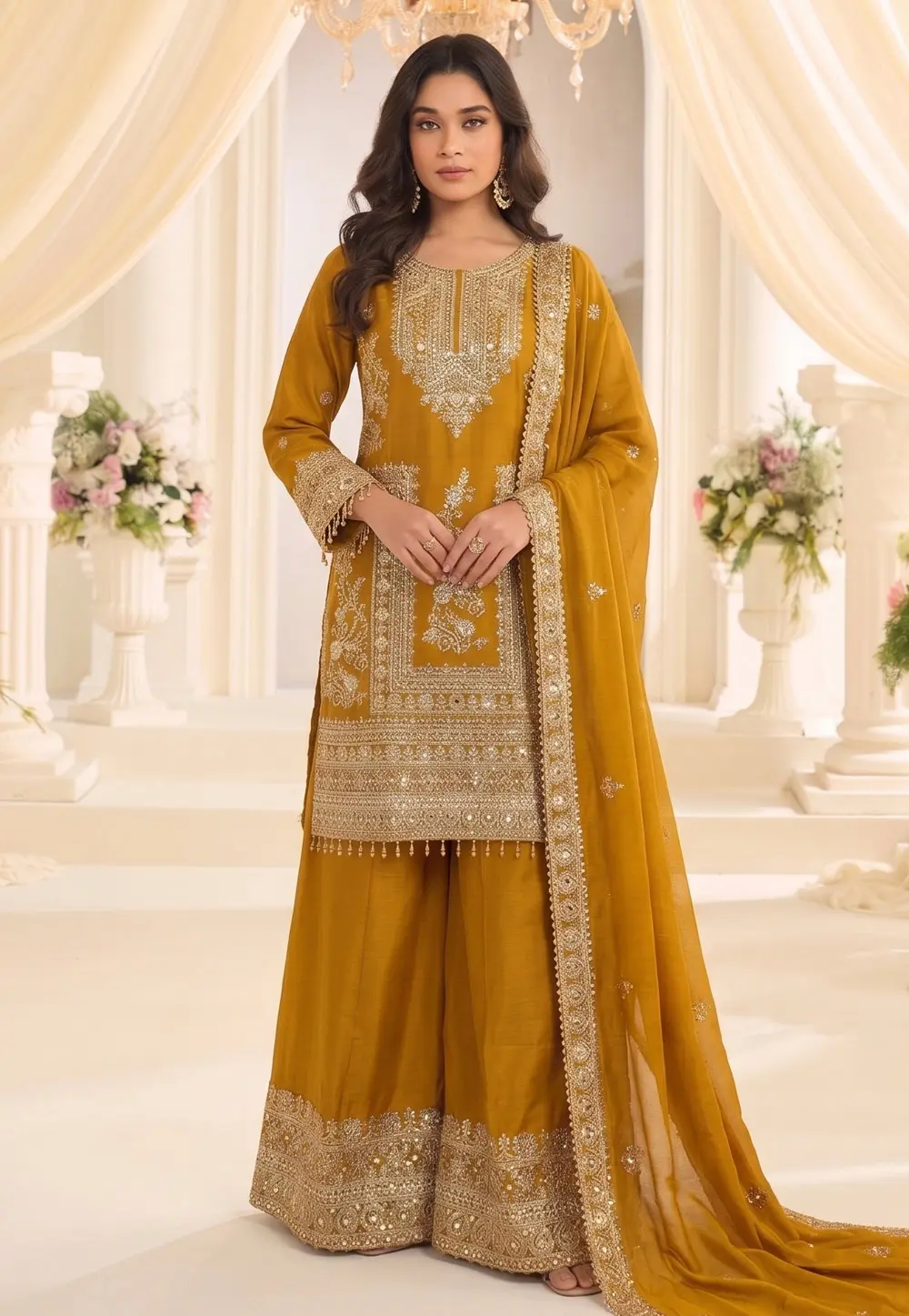 Mustard Chinon Readymade Palazzo Suit 331800