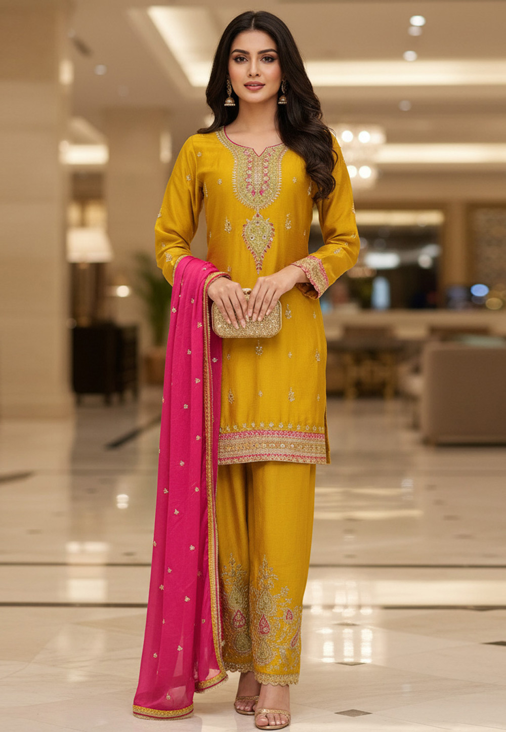 Mustard Chinon Readymade Pant Style Suit 330409