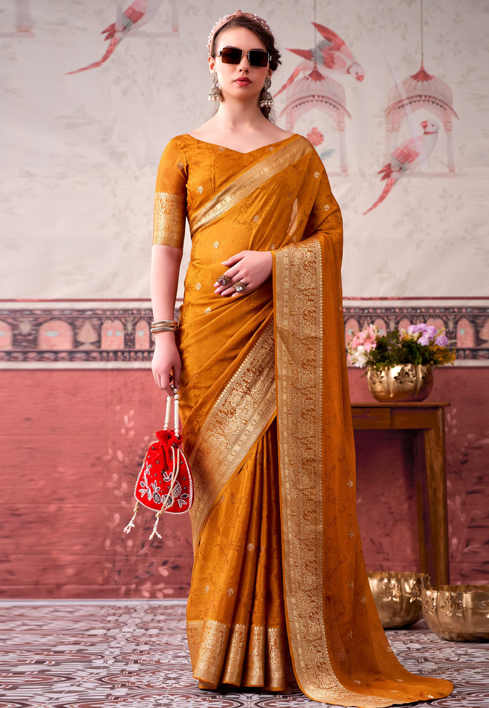 Mustard Chinon Saree With Blouse 329484
