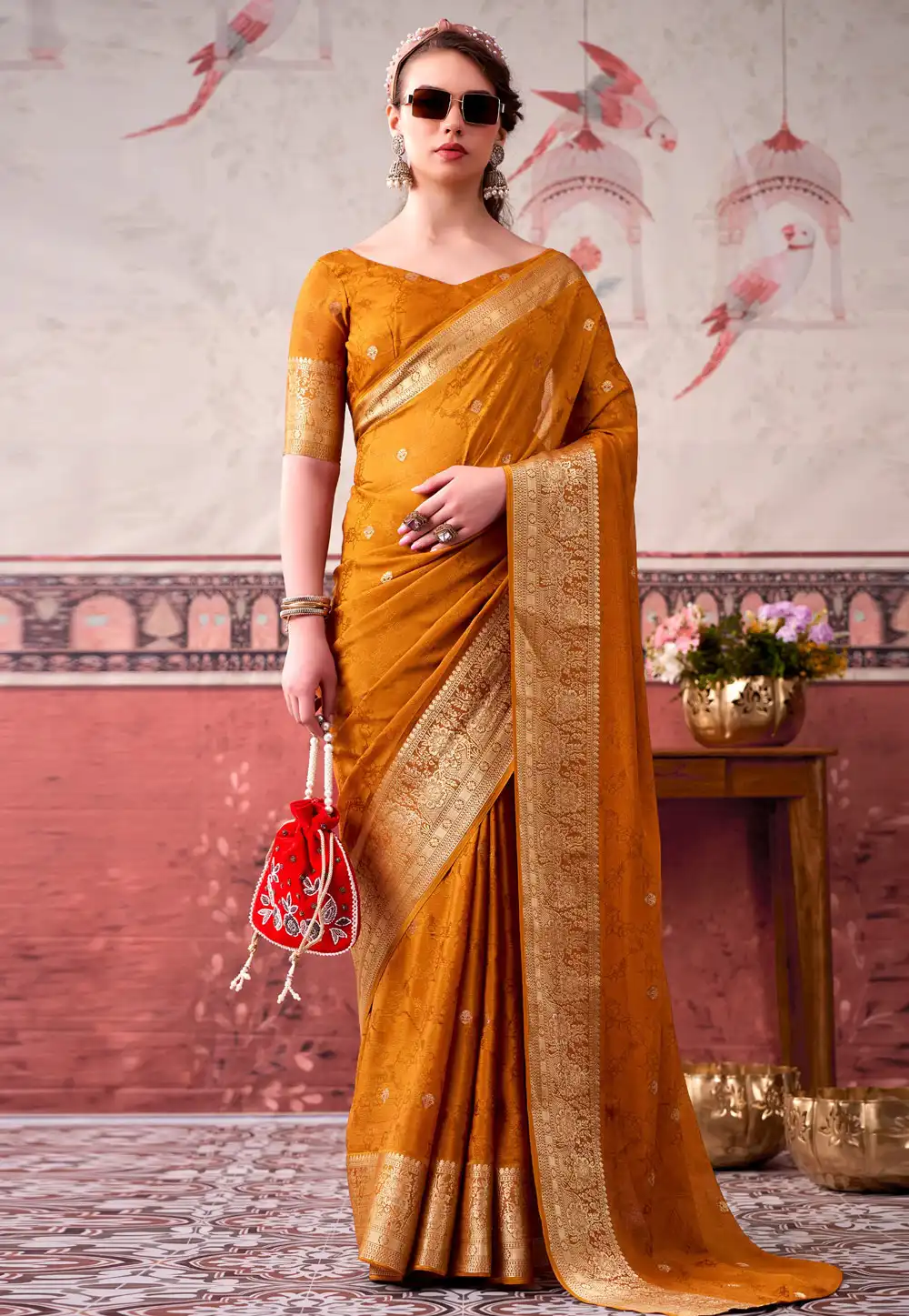 Mustard Chinon Saree With Blouse 329484