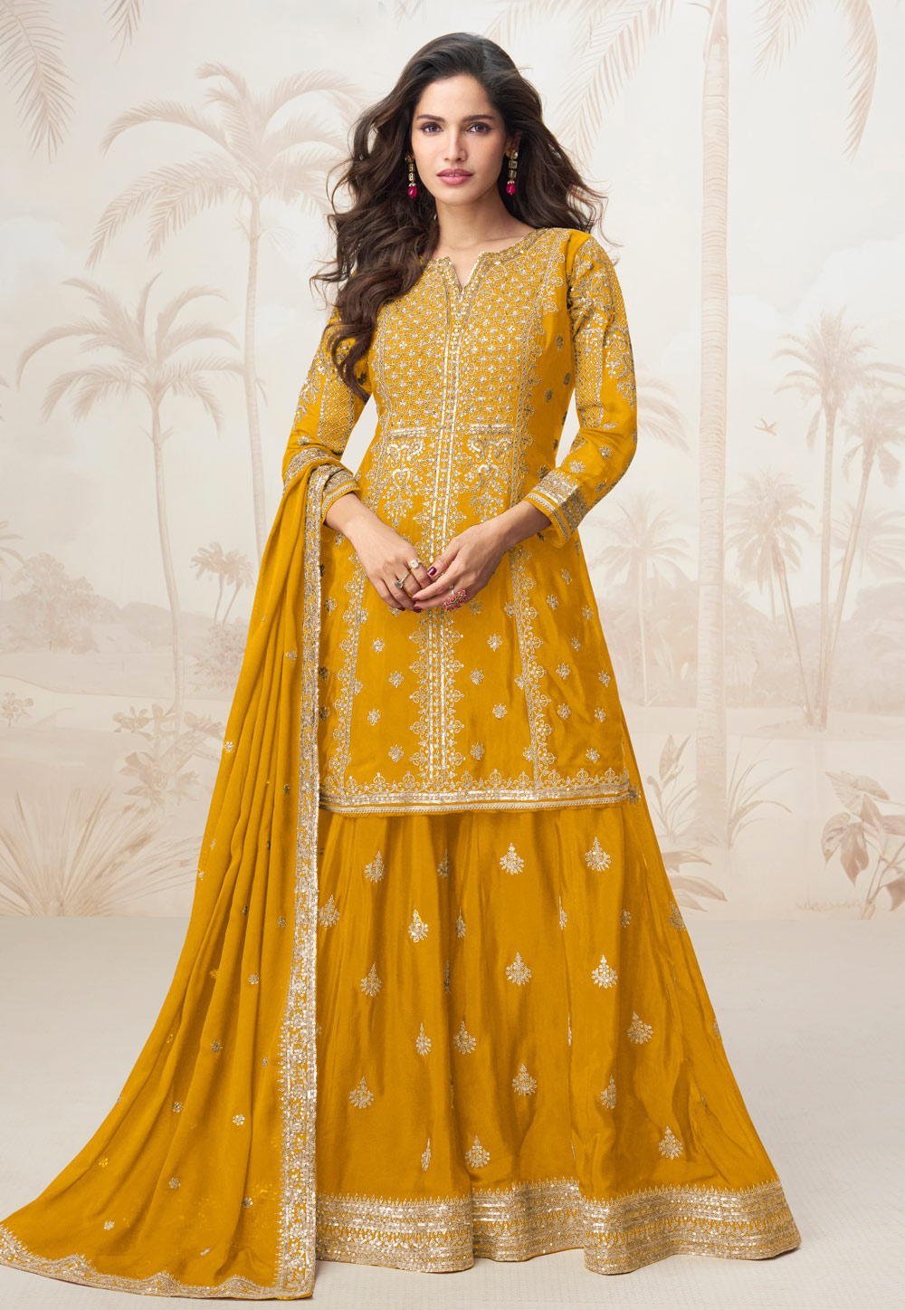 Mustard Chinon Silk Indo Western Lehenga Choli 313477