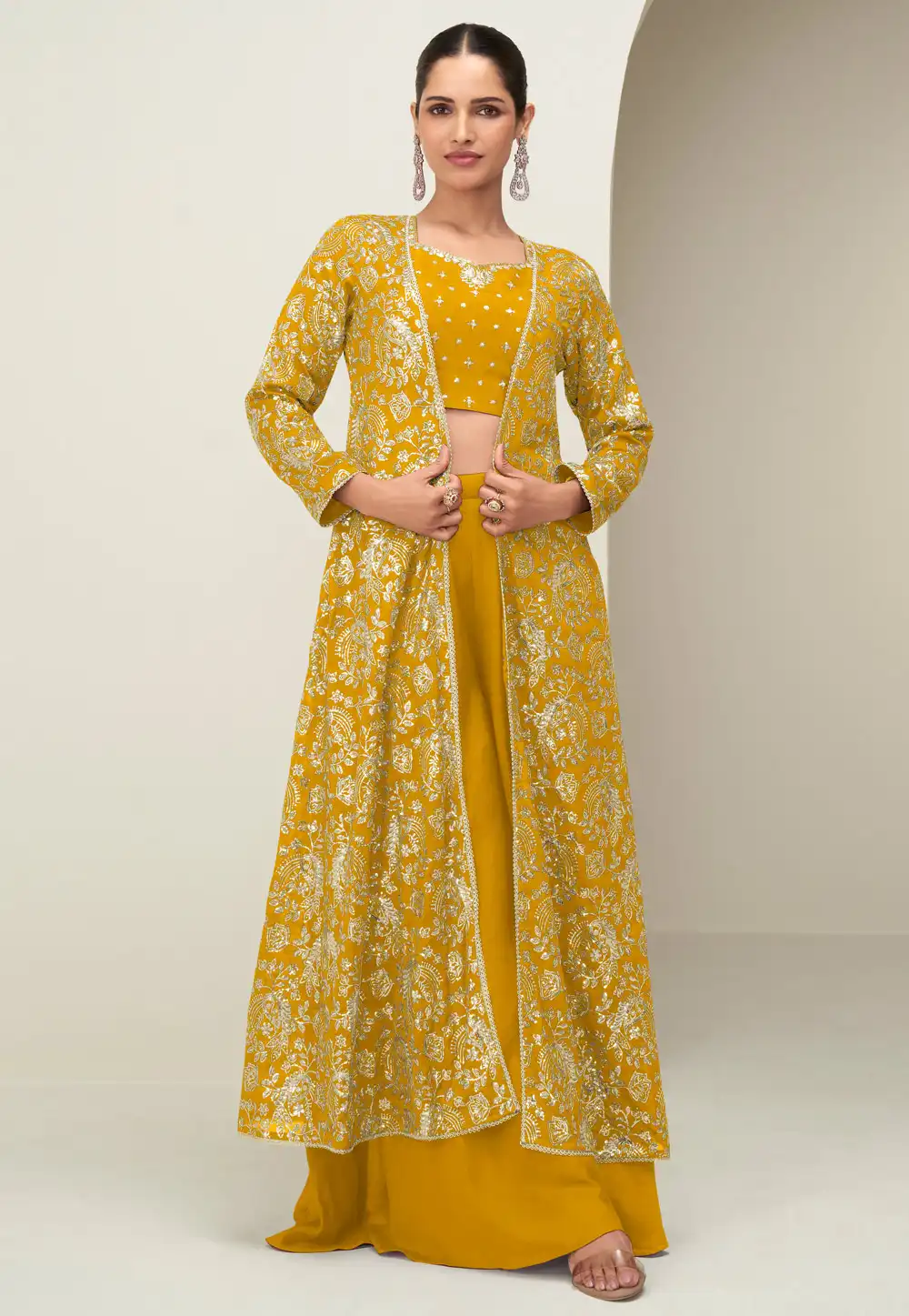 Mustard Chinon Silk Jacket Style Suit 317653