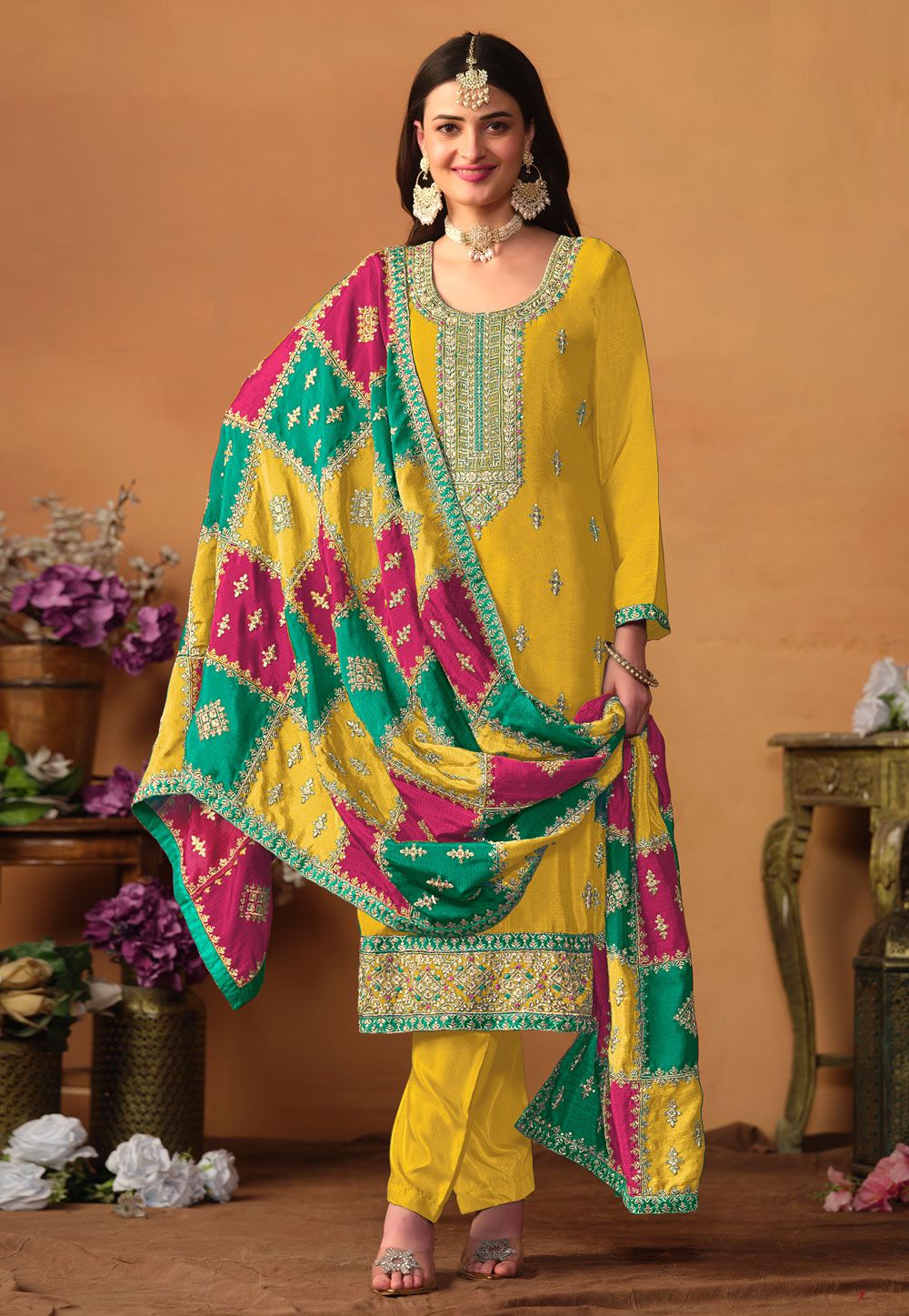 Mustard Chinon Silk Pakistani Suit 285882