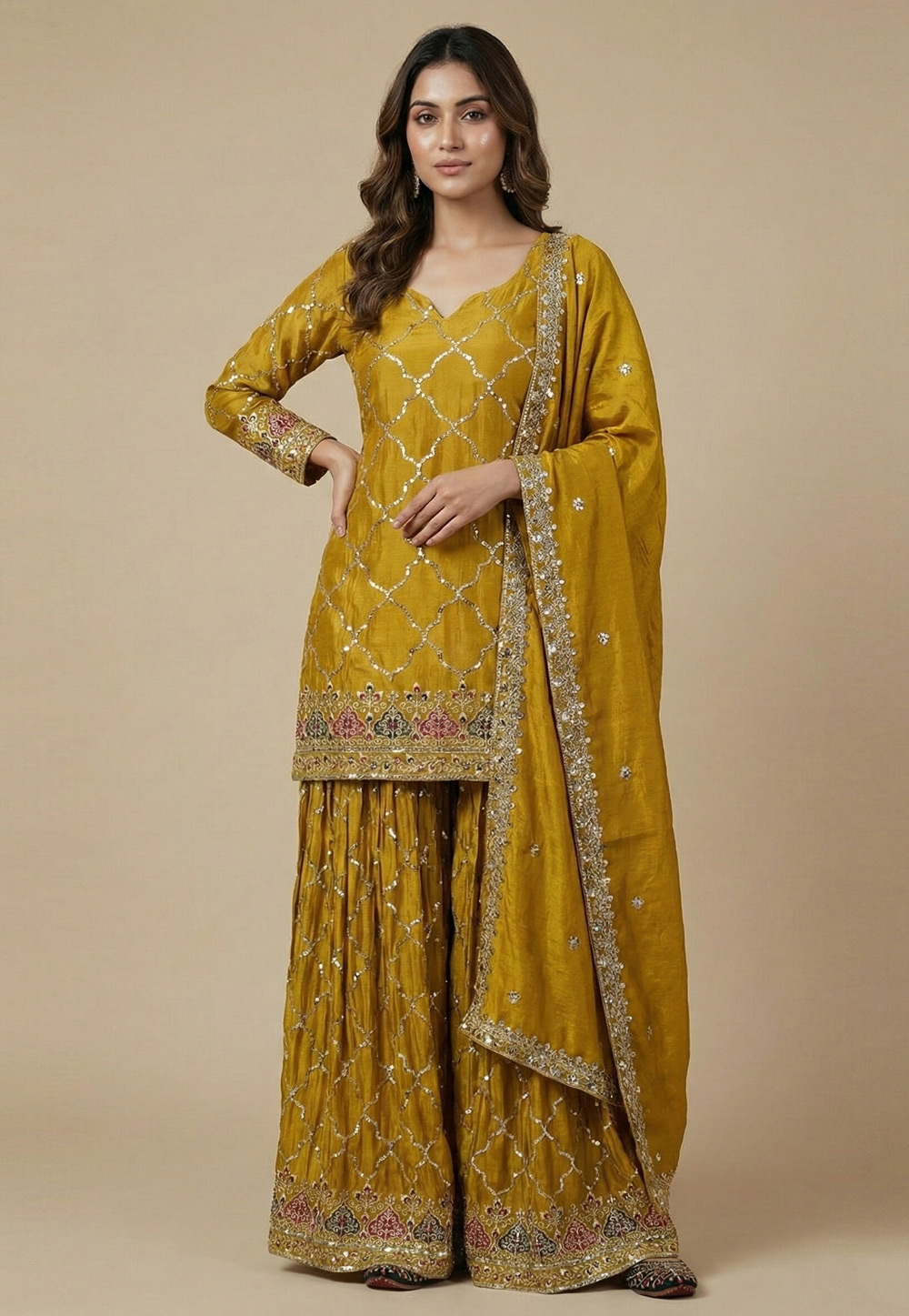 Mustard Chinon Silk Readymade Gharara Suit 323275