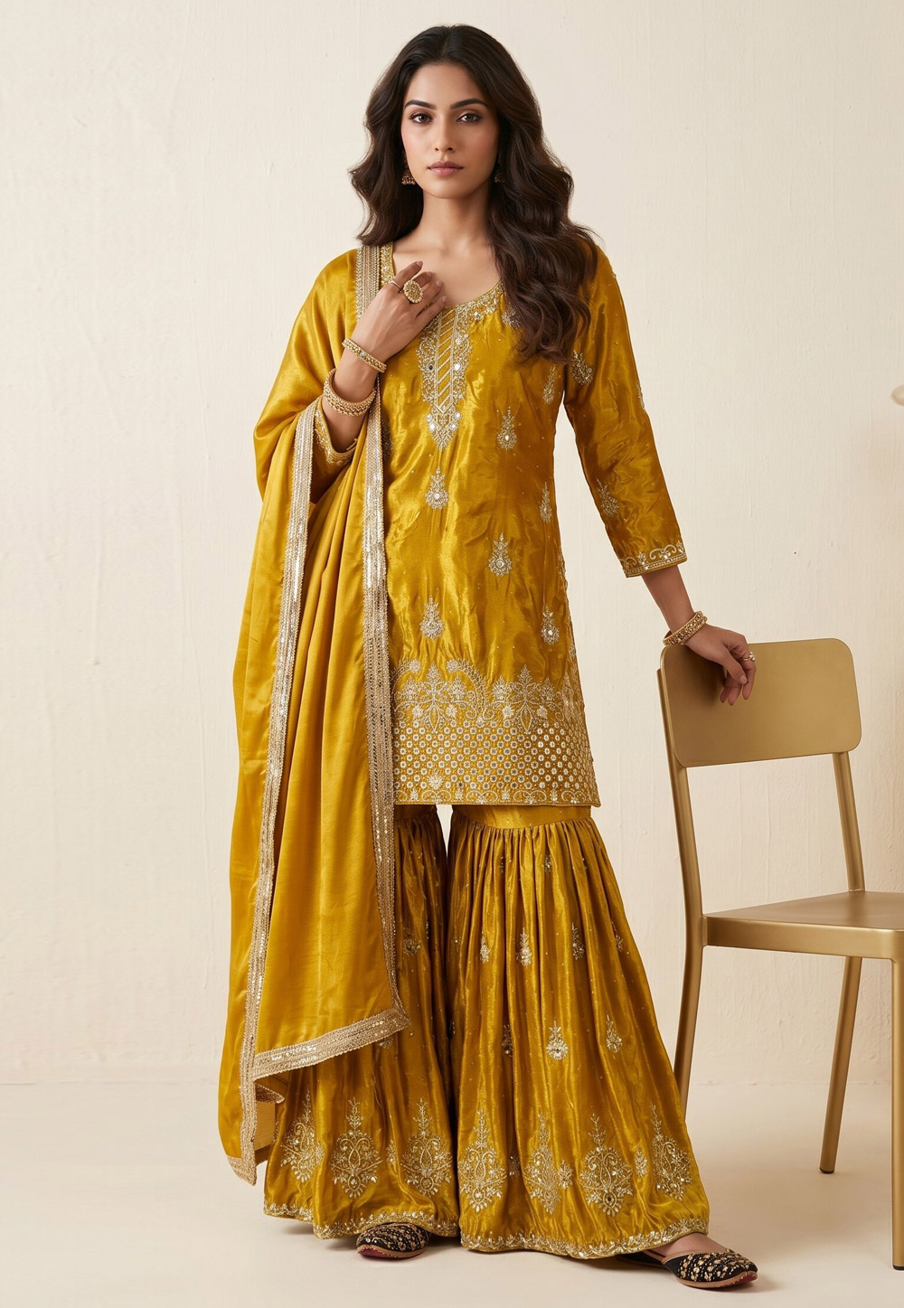 Mustard Chinon Silk Readymade Gharara Suit 330346