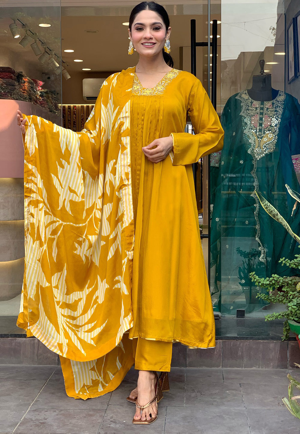 Mustard Chinon Silk Readymade Pant Style Suit 307033