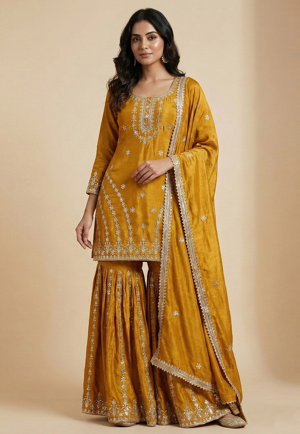 Mustard Chinon Silk Readymade Sharara Suit 323293