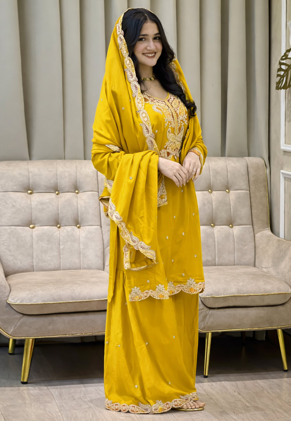Mustard Chinon Silk Readymade Sharara Suit 322624