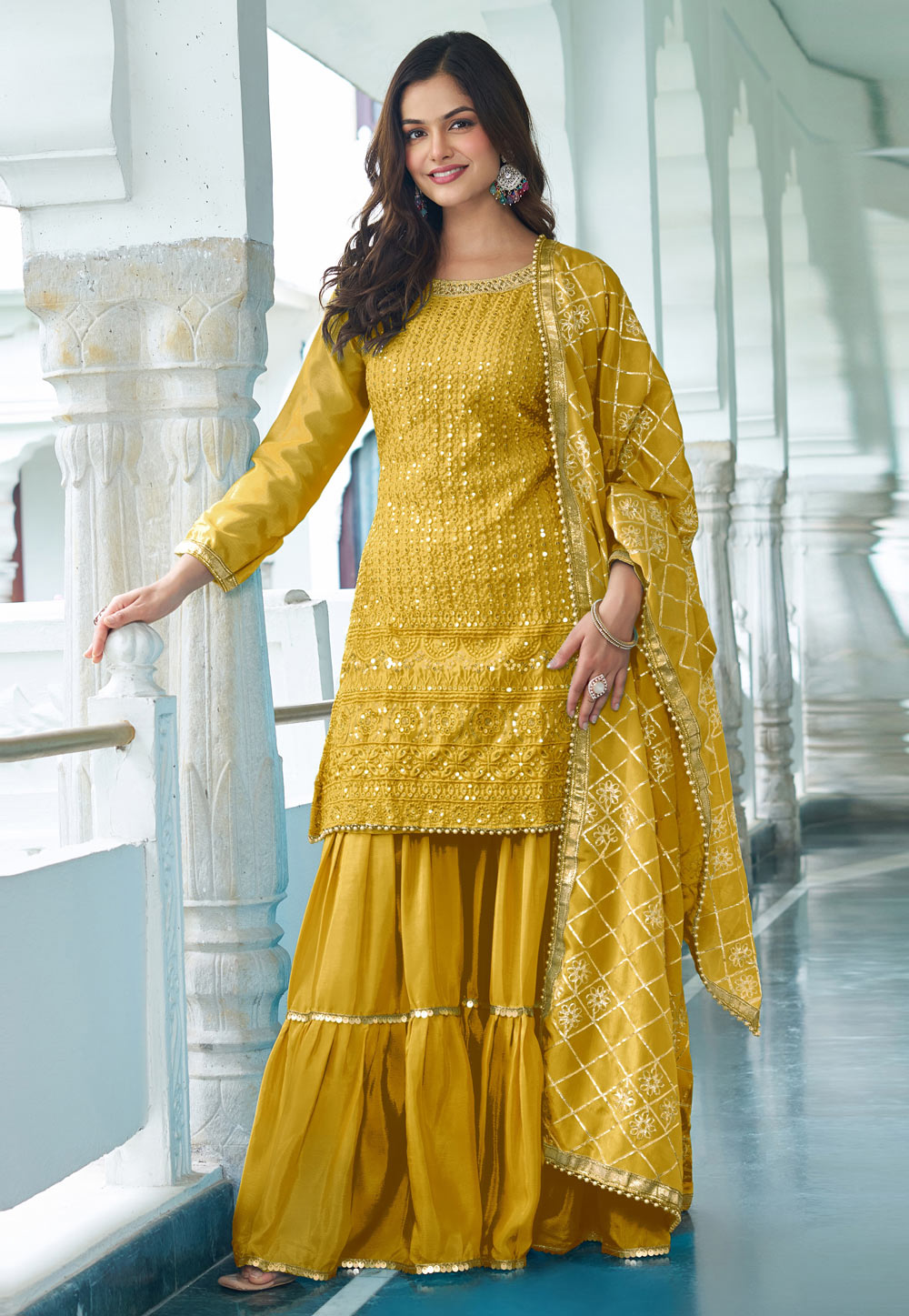 Mustard Chinon Silk Readymade Sharara Suit 322249